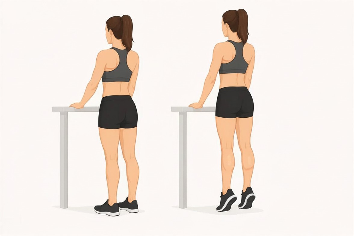 Woman performing a standing calf raise exercise to help tone the calf muscle