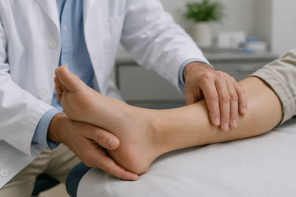 Doctor examining ankle to check what causes cankles during a medical exam