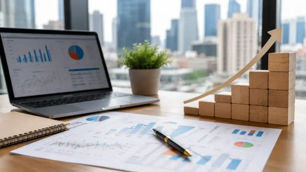 Growth chart and rising blocks showing strategic economic plan progress