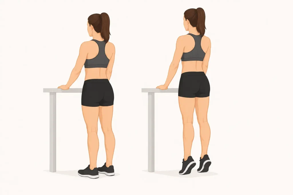 Woman demonstrating a calf raise exercise to help get rid of cankles