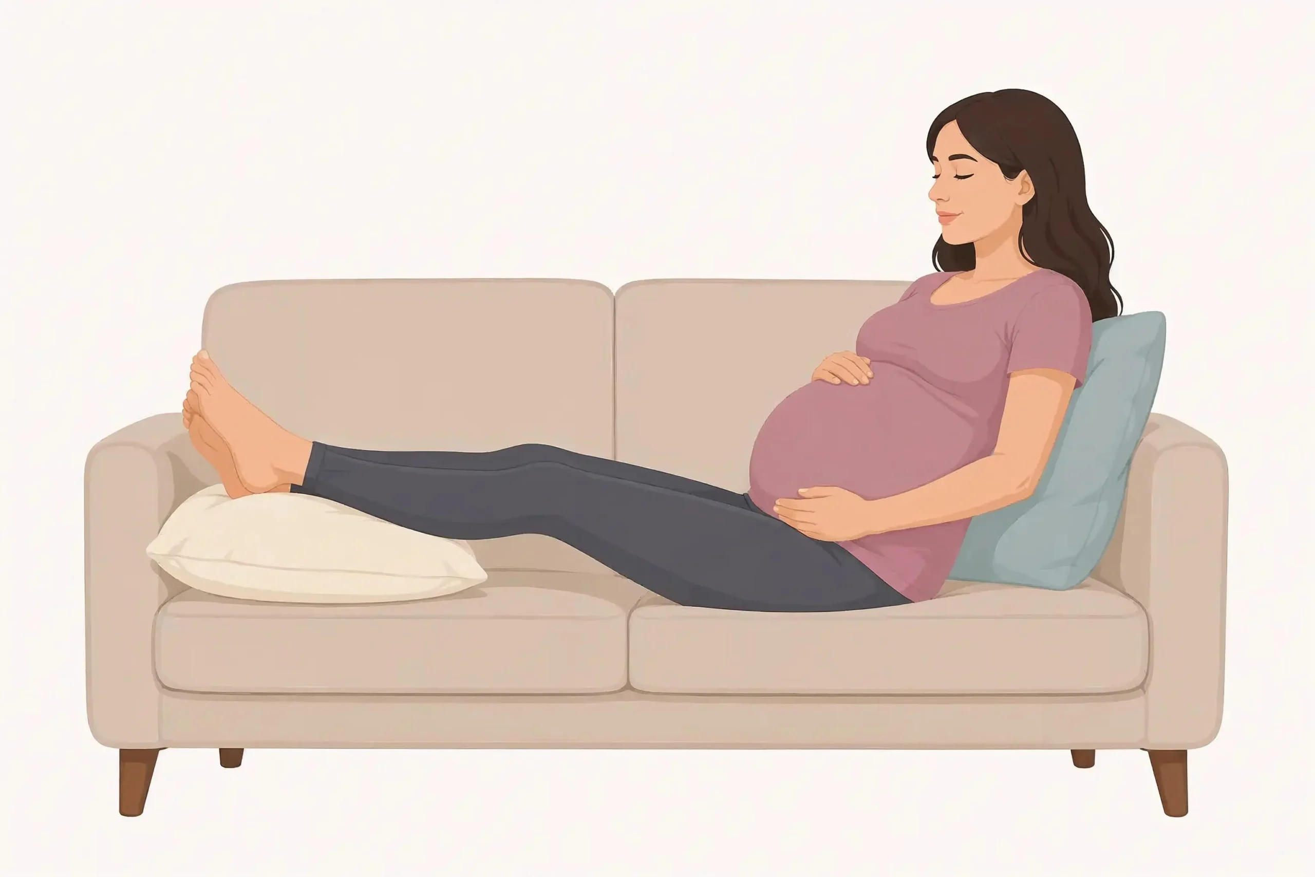 Pregnant woman resting with her feet elevated to help reduce swelling and cankles