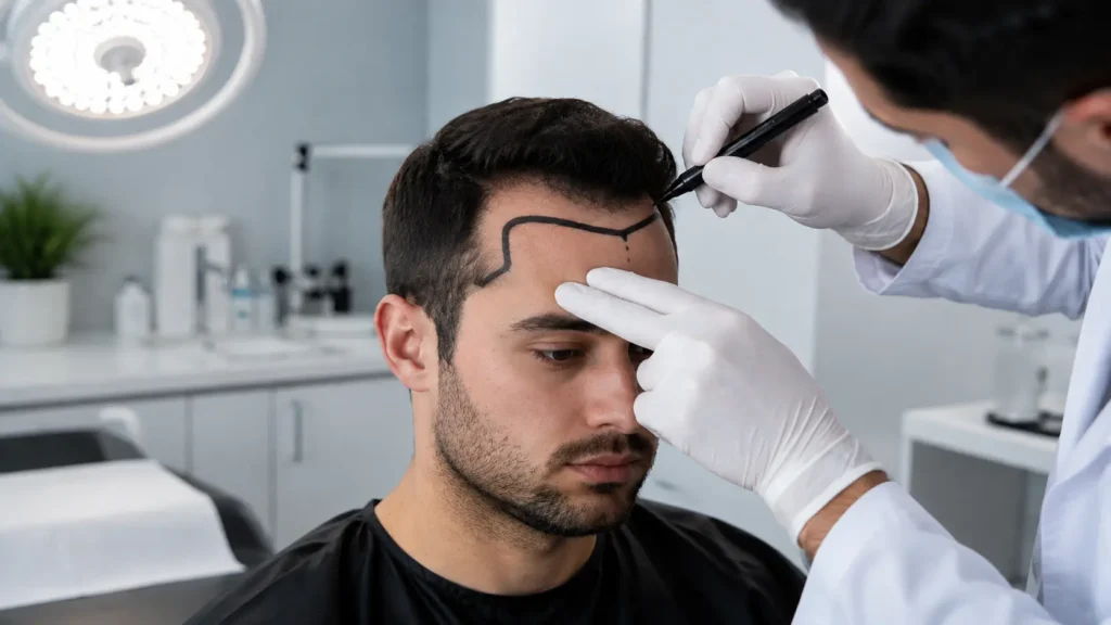 Surgeon marking the hairline before an FUE hair transplant procedure.