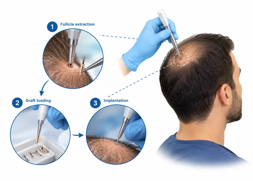 DHI hair transplant procedure showing follicle extraction, graft loading, and direct implantation into the scalp.
