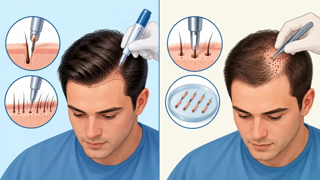 DHI vs FUE hair transplant illustration showing a patient undergoing hair restoration, with close-up views of the DHI implant pen and FUE follicle extraction technique.