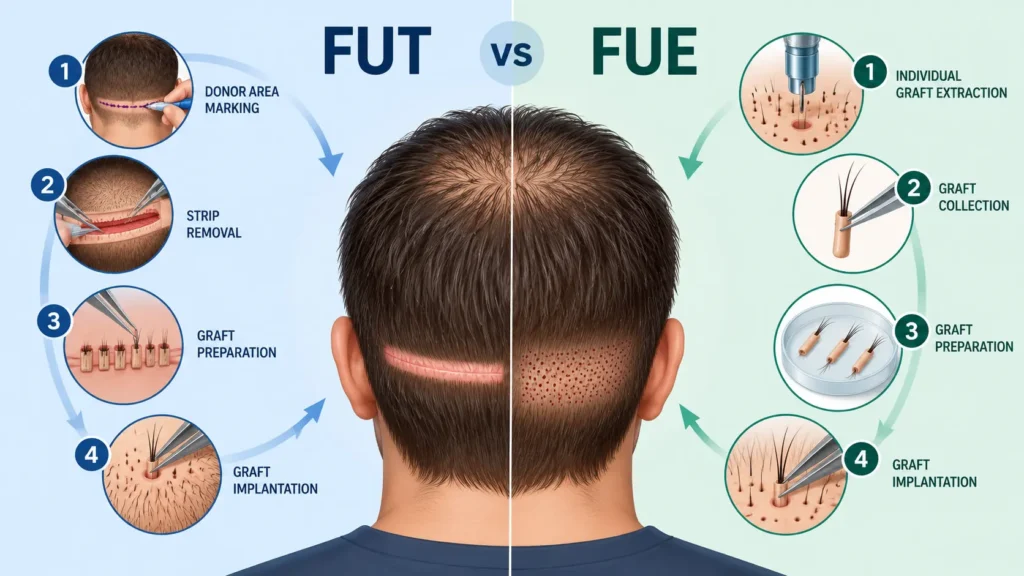 FUT vs FUE hair transplant illustration comparing strip harvesting and individual follicle extraction, including graft preparation and implantation steps.