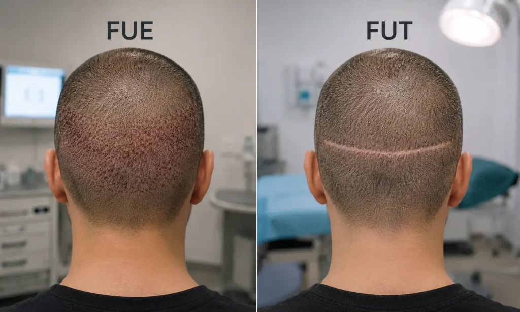 FUE vs FUT scarring comparison showing scattered dot scars versus one linear scar