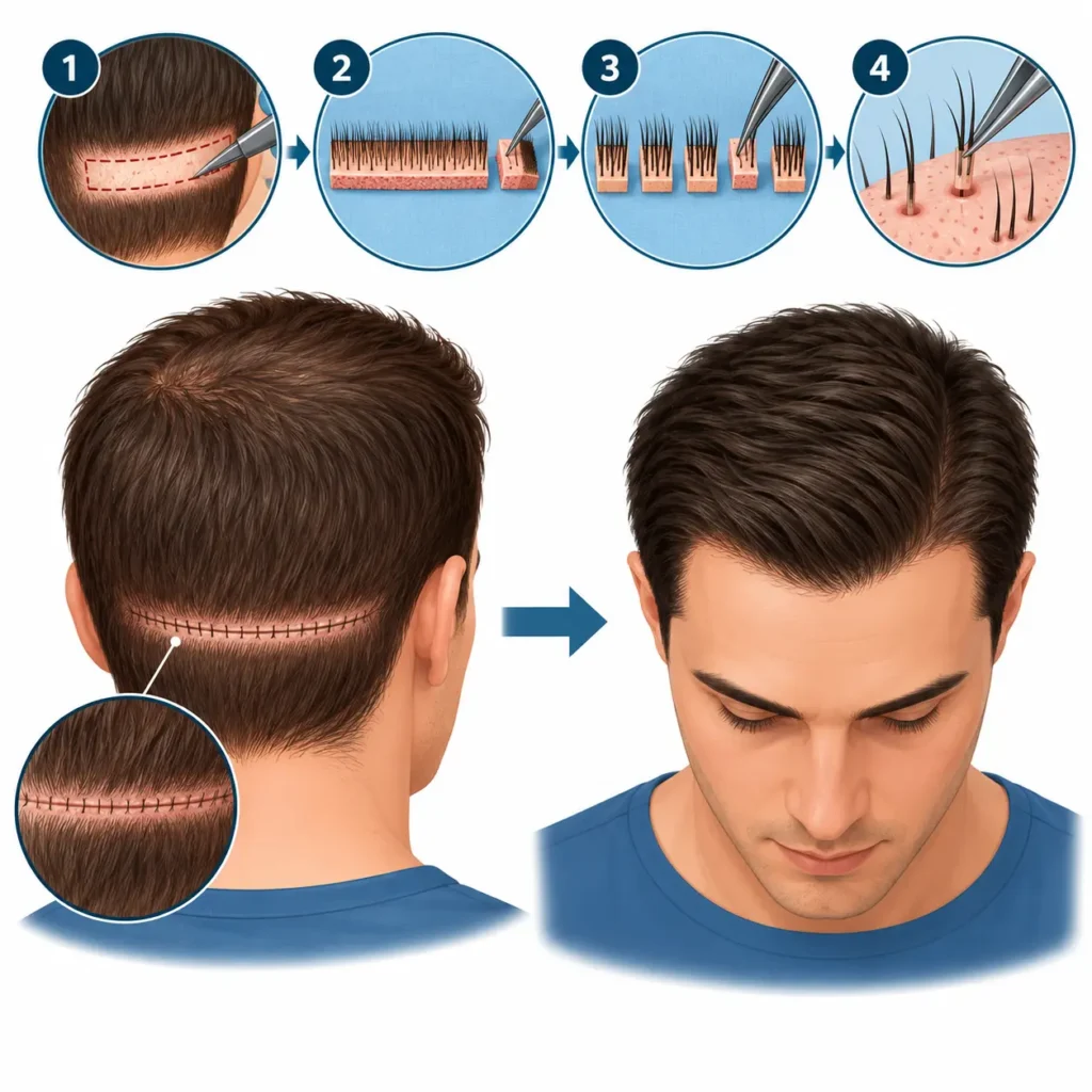 FUT hair transplant illustration showing the step-by-step process of strip removal, graft preparation, follicular unit separation, and implantation into the recipient area.