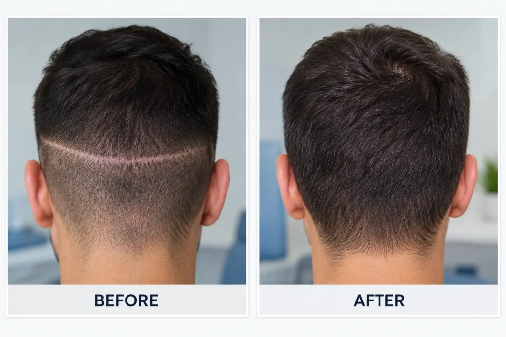 Hair transplant scars before and after showing a visible FUT scalp scar compared with a healed scar concealed by fuller hair
