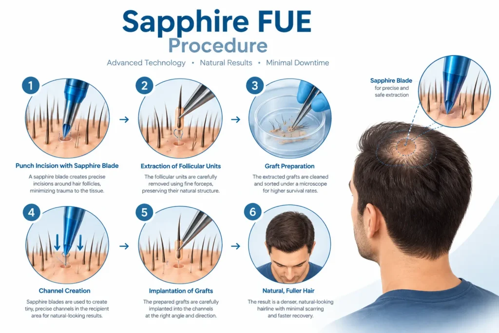 Sapphire FUE hair transplant procedure showing sapphire blade incision, follicle extraction, graft preparation, channel creation, and implantation.
