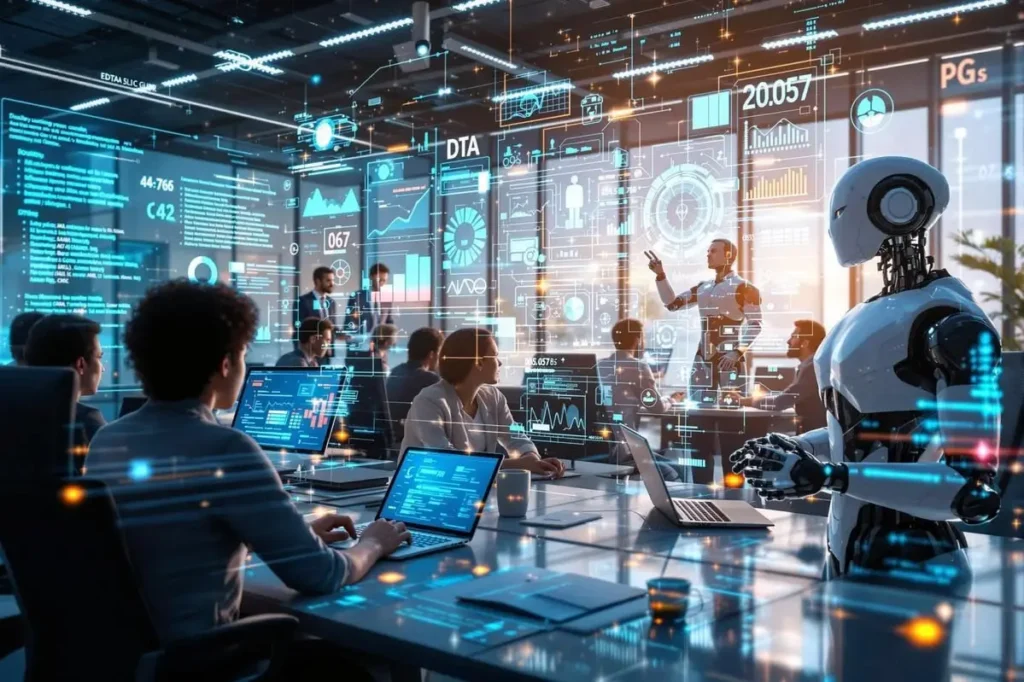 Autonomous AI workforce collaborating with employees in a futuristic business environment