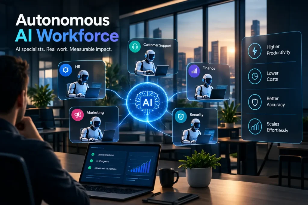 Autonomous AI workforce connecting AI agents across HR, finance, marketing, customer support, and security