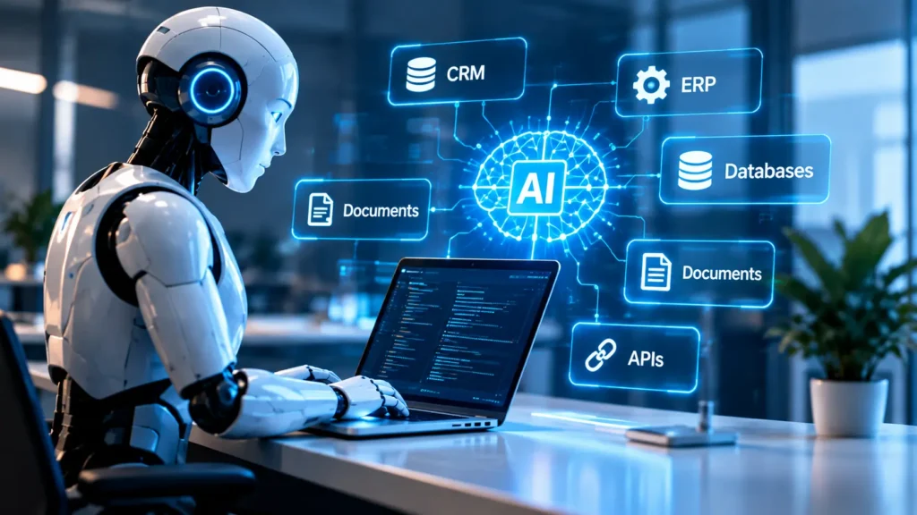 AI agent connected to enterprise systems including CRM, ERP, databases, documents, and APIs