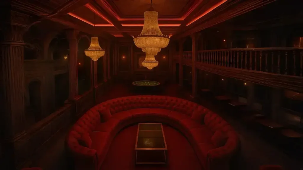 Backcasting vs forecasting A dimly lit luxury lounge with a circular red velvet sofa, crystal chandeliers, dark wood-paneled walls, and warm red ambient lighting.