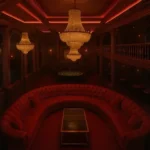 Backcasting vs forecasting A dimly lit luxury lounge with a circular red velvet sofa, crystal chandeliers, dark wood-paneled walls, and warm red ambient lighting.