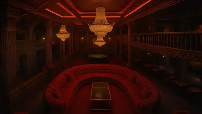 Backcasting vs forecasting A dimly lit luxury lounge with a circular red velvet sofa, crystal chandeliers, dark wood-paneled walls, and warm red ambient lighting.