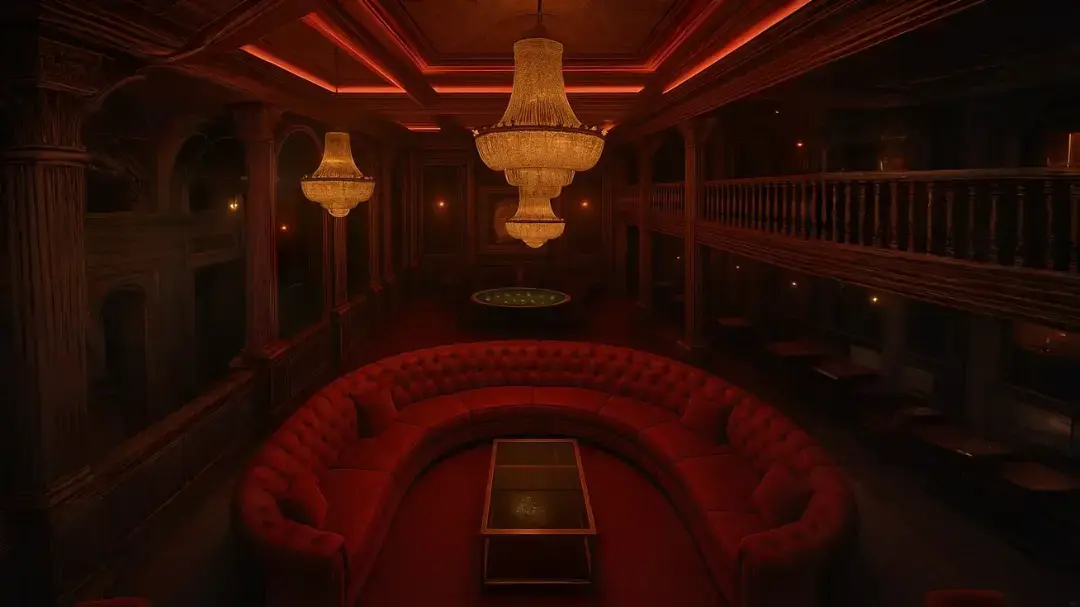 Backcasting vs forecasting A dimly lit luxury lounge with a circular red velvet sofa, crystal chandeliers, dark wood-paneled walls, and warm red ambient lighting.