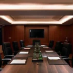 Core Principles of Backcasting A formal boardroom with a long wooden table, black leather chairs, warm recessed lighting, and a wall-mounted screen — representing high-level strategic planning where we discus core principle of backcasting.