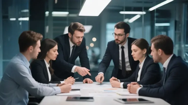 Benefits of using a back casting room where a business team collaborates around a table to plan long-term strategy