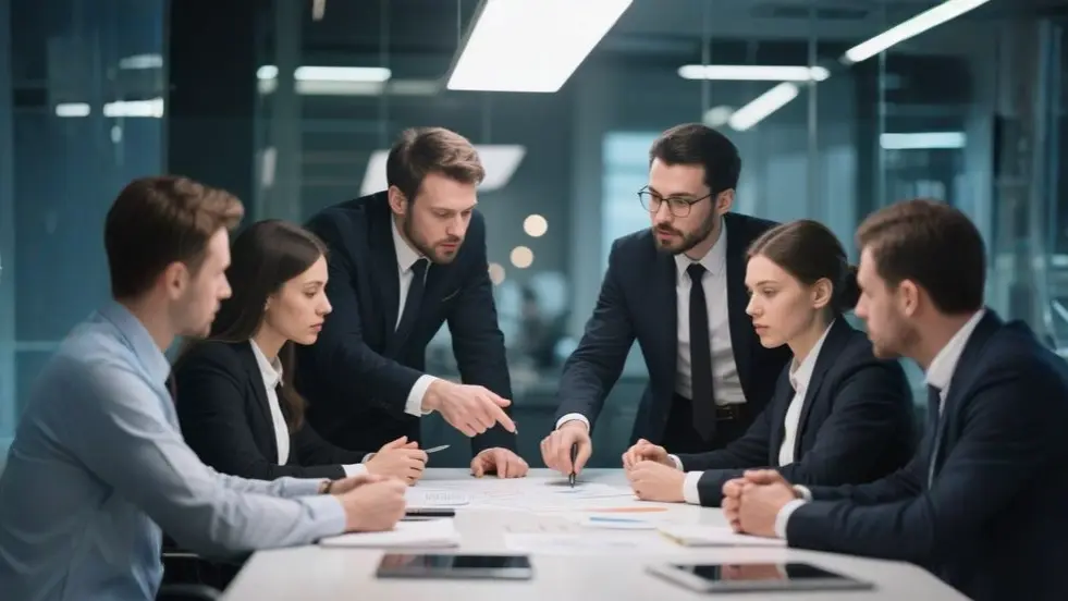 Benefits of using a back casting room where a business team collaborates around a table to plan long-term strategy