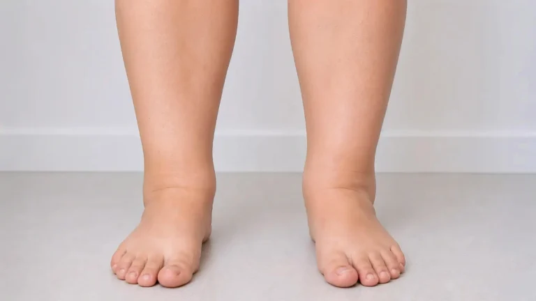 Both legs showing cankles where the calf blends into the ankle without a clear line