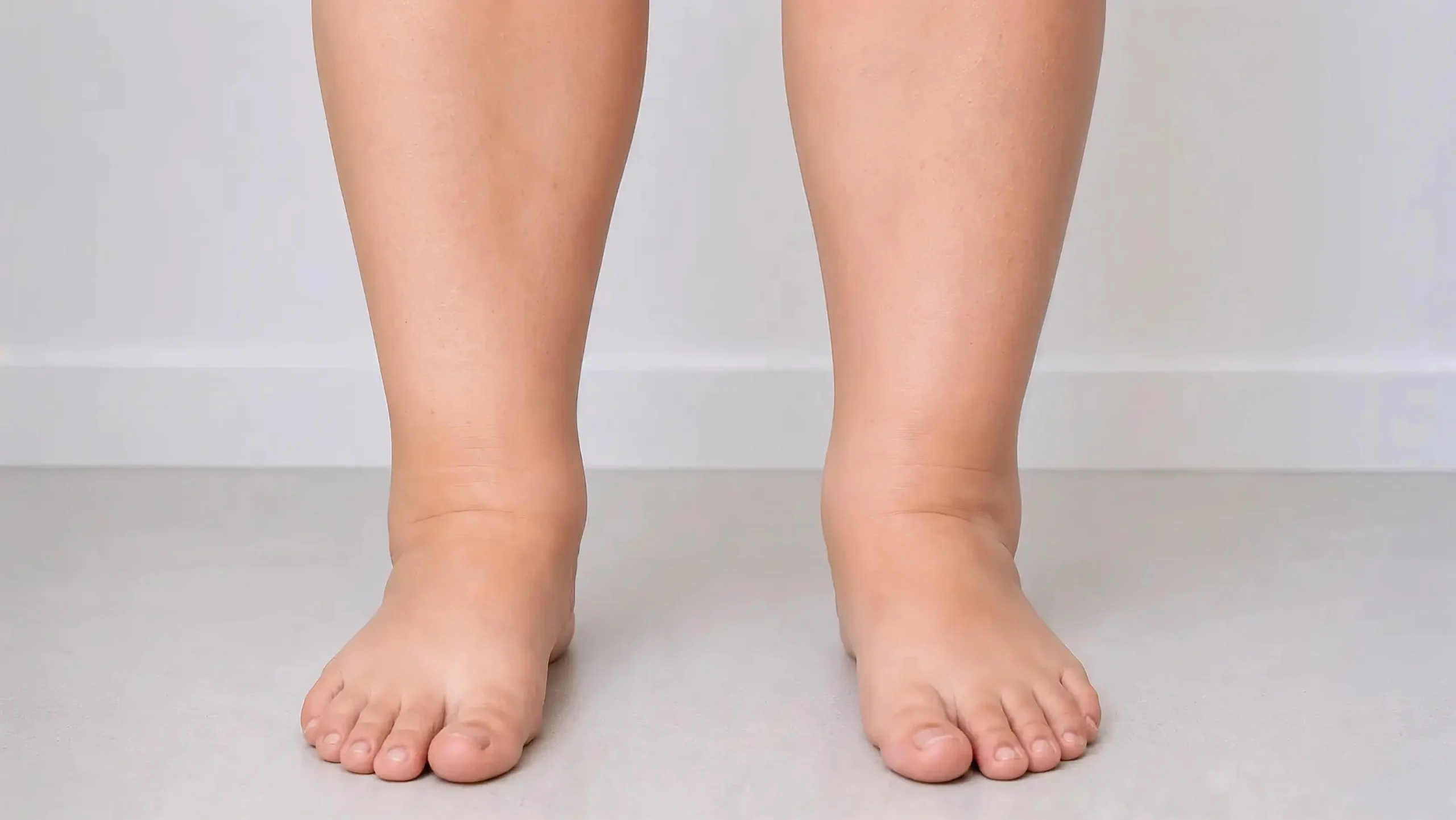 Both legs showing cankles where the calf blends into the ankle without a clear line