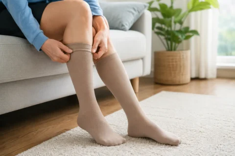 Person wearing compression socks for cankles to help reduce mild ankle swelling at home.