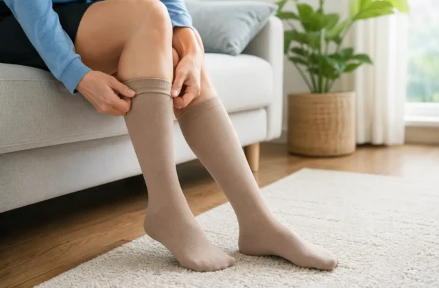 Person wearing compression socks for cankles to help reduce mild ankle swelling at home.