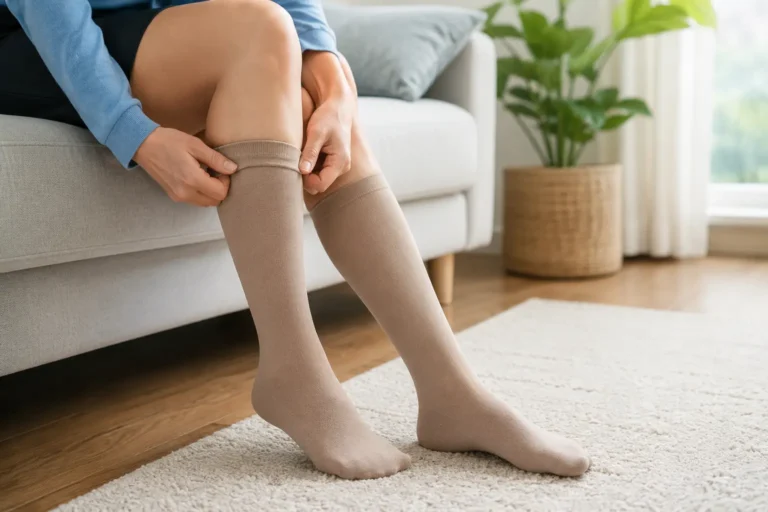 Person wearing compression socks for cankles to help reduce mild ankle swelling at home.