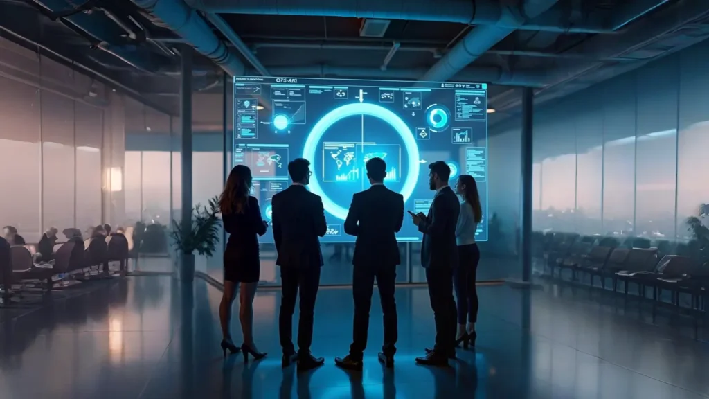 A business team analyzing a futuristic digital dashboard showing the future of back casting room methodology.