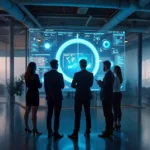 A business team analyzing a futuristic digital dashboard showing the future of back casting room methodology.