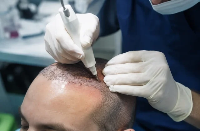 DHI hair transplant procedure showing a surgeon using a Choi implanter pen to place hair grafts along the hairline, with a gloved hand steadying the patient's head and visible graft rows already implanted near the forehead