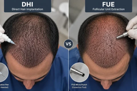 DHI vs FUE hair transplant comparison showing an overhead view of the scalp during hair restoration, with a DHI implantation pen used to place hair grafts directly into the recipient area and a FUE micro-punch tool used to extract individual follicular units. The split-screen medical illustration highlights the different instruments and techniques used in DHI and FUE hair transplantation.
