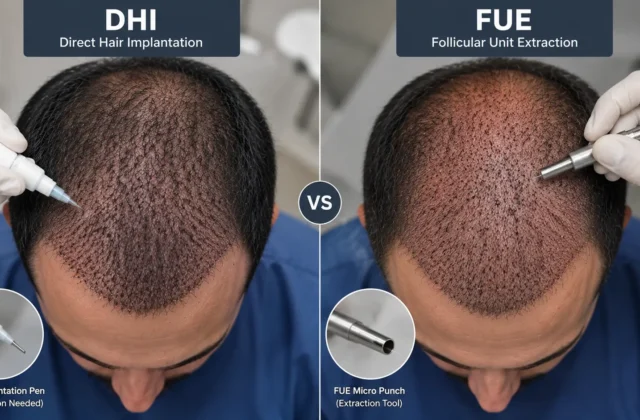 DHI vs FUE hair transplant comparison showing an overhead view of the scalp during hair restoration, with a DHI implantation pen used to place hair grafts directly into the recipient area and a FUE micro-punch tool used to extract individual follicular units. The split-screen medical illustration highlights the different instruments and techniques used in DHI and FUE hair transplantation.