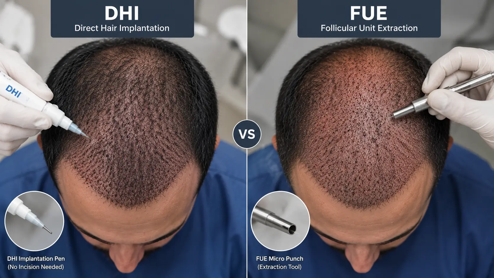 DHI vs FUE hair transplant comparison showing an overhead view of the scalp during hair restoration, with a DHI implantation pen used to place hair grafts directly into the recipient area and a FUE micro-punch tool used to extract individual follicular units. The split-screen medical illustration highlights the different instruments and techniques used in DHI and FUE hair transplantation.