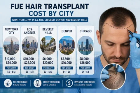 FUE Hair Transplant Cost by City comparison showing estimated hair transplant prices in New York City, Los Angeles, Beverly Hills, Denver, and Chicago. The infographic compares typical FUE hair transplant costs and per-graft pricing across these U.S. cities, alongside a realistic consultation image showing a clinician planning a patient's hairline before an FUE procedure.