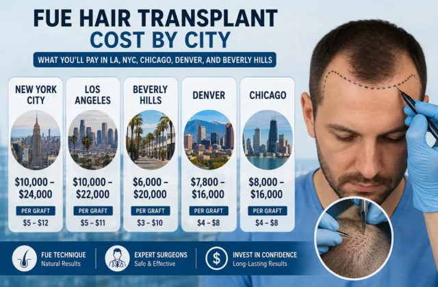 FUE Hair Transplant Cost by City comparison showing estimated hair transplant prices in New York City, Los Angeles, Beverly Hills, Denver, and Chicago. The infographic compares typical FUE hair transplant costs and per-graft pricing across these U.S. cities, alongside a realistic consultation image showing a clinician planning a patient's hairline before an FUE procedure.