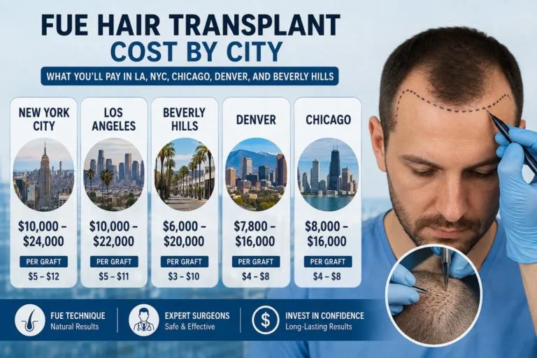 FUE Hair Transplant Cost by City comparison showing estimated hair transplant prices in New York City, Los Angeles, Beverly Hills, Denver, and Chicago. The infographic compares typical FUE hair transplant costs and per-graft pricing across these U.S. cities, alongside a realistic consultation image showing a clinician planning a patient's hairline before an FUE procedure.