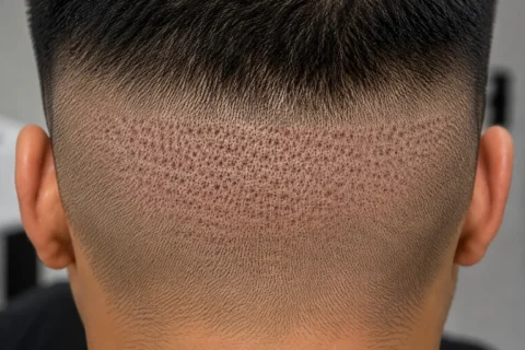 FUE hair transplant scars visible across the donor area on the back of a closely shaved scalp, showing numerous small, scattered dot-like extraction marks and mild redness left after follicular unit extraction. The realistic close-up highlights how individual FUE extraction sites can appear across the scalp while surrounding short hair remains visible.