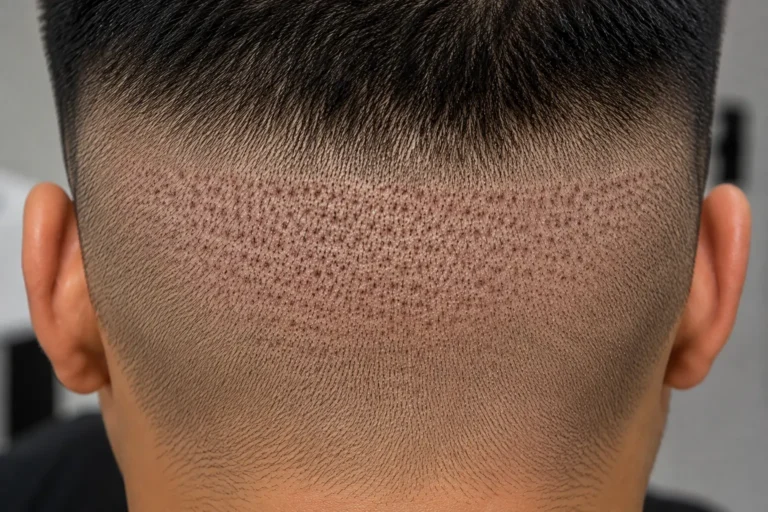 FUE hair transplant scars visible across the donor area on the back of a closely shaved scalp, showing numerous small, scattered dot-like extraction marks and mild redness left after follicular unit extraction. The realistic close-up highlights how individual FUE extraction sites can appear across the scalp while surrounding short hair remains visible.
