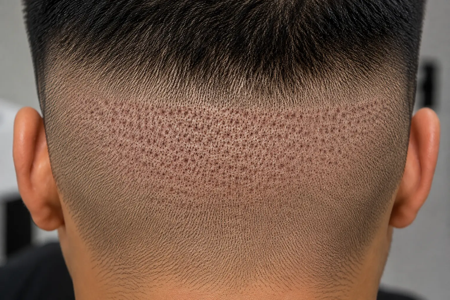 FUE hair transplant scars visible across the donor area on the back of a closely shaved scalp, showing numerous small, scattered dot-like extraction marks and mild redness left after follicular unit extraction. The realistic close-up highlights how individual FUE extraction sites can appear across the scalp while surrounding short hair remains visible.