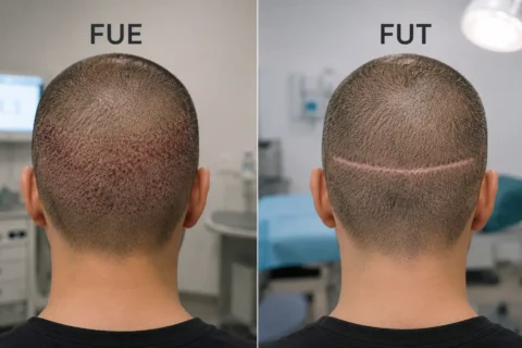 FUE vs FUT scarring comparison showing scattered dot scars versus one linear scar