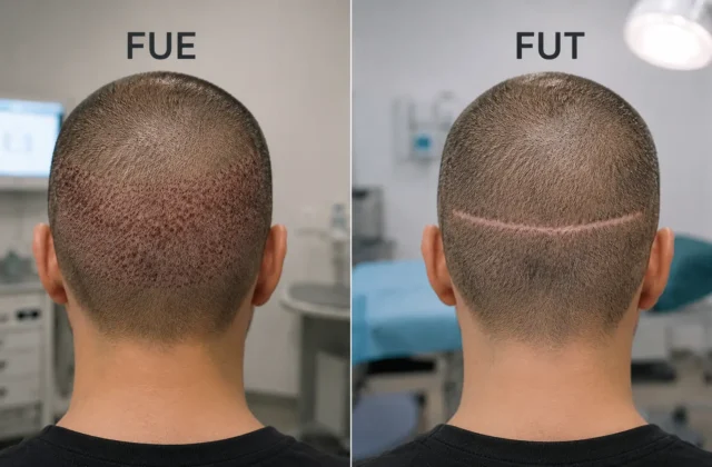 FUE vs FUT scarring comparison showing scattered dot scars versus one linear scar