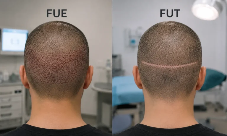 FUE vs FUT scarring comparison showing scattered dot scars versus one linear scar