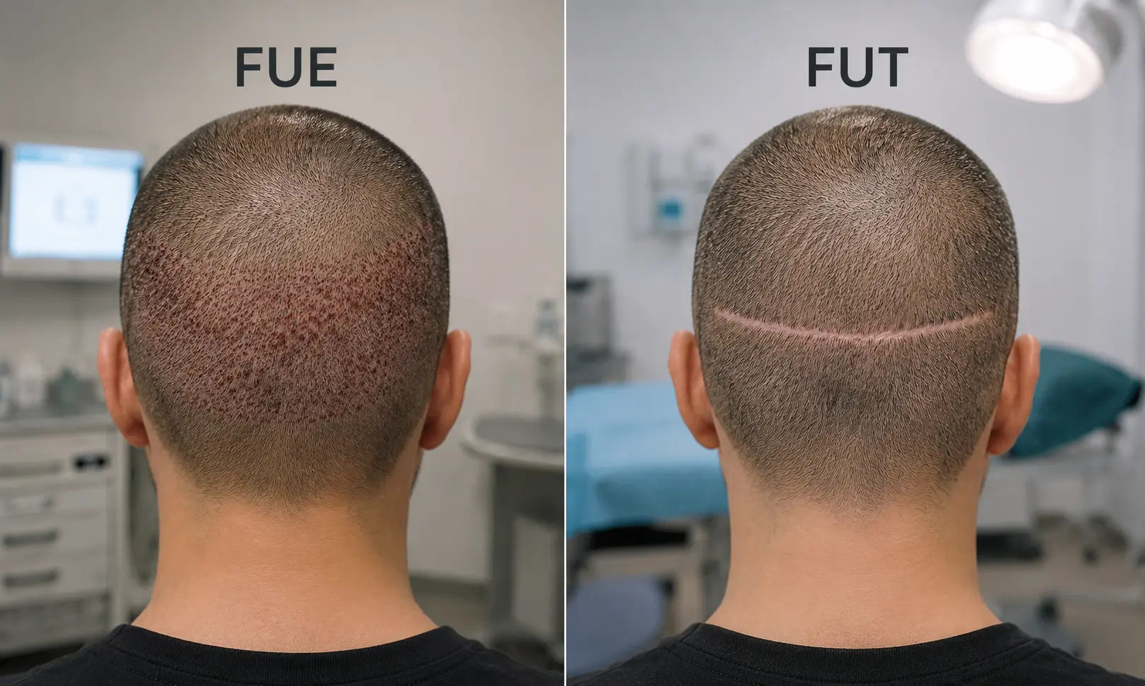 FUE vs FUT scarring comparison showing scattered dot scars versus one linear scar