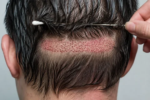 FUT hair transplant donor scar shown as a horizontal strip of small red healing punctures across the back of the scalp, with surrounding hair parted aside and a cotton swab cleaning the freshly closed incision line
