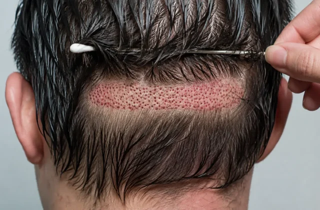 FUT hair transplant donor scar shown as a horizontal strip of small red healing punctures across the back of the scalp, with surrounding hair parted aside and a cotton swab cleaning the freshly closed incision line