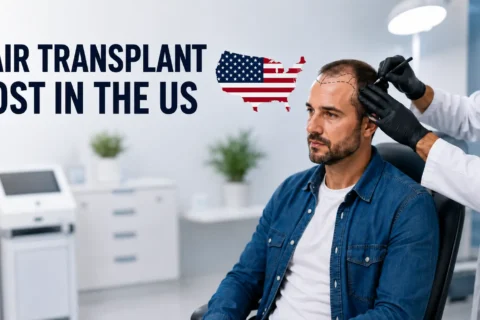 Hair Transplant Cost in the US infographic showing average hair transplant prices by graft count and technique, including FUE, FUT, DHI, and robotic FUE. The image compares estimated costs for 500 to 1,500 grafts, 1,500 to 2,500 grafts, and 2,500 to 4,000 or more grafts, while highlighting factors such as graft requirements, surgical technique, surgeon experience, clinic location, and number of treatment sessions.