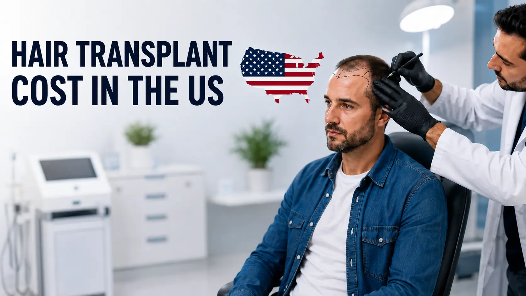 Hair Transplant Cost in the US infographic showing average hair transplant prices by graft count and technique, including FUE, FUT, DHI, and robotic FUE. The image compares estimated costs for 500 to 1,500 grafts, 1,500 to 2,500 grafts, and 2,500 to 4,000 or more grafts, while highlighting factors such as graft requirements, surgical technique, surgeon experience, clinic location, and number of treatment sessions.
