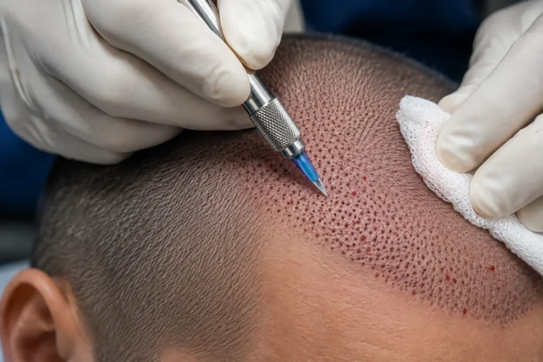 Sapphire FUE hair transplant procedure showing a clinician wearing sterile gloves and using a specialized sapphire-tipped blade to create precise recipient sites in the closely shaved scalp. The realistic close-up shows the sapphire blade positioned at an angle against the recipient area, with numerous small recipient openings, mild pinpoint bleeding, natural scalp texture, and sterile gauze used during the hair transplantation procedure.