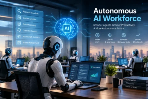 Autonomous AI workforce of digital workers handling tasks in a futuristic business office.
